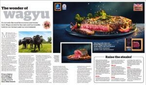 A picture of black cows and a picture of a cooked steak.