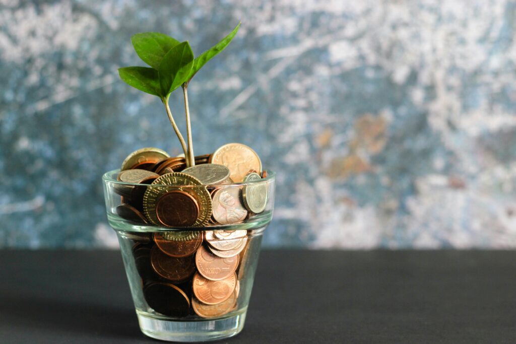 Coins in a glass with a plant growing out of it.