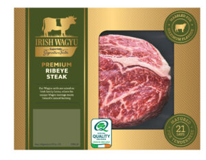 ribeye steak in a green and gold package.